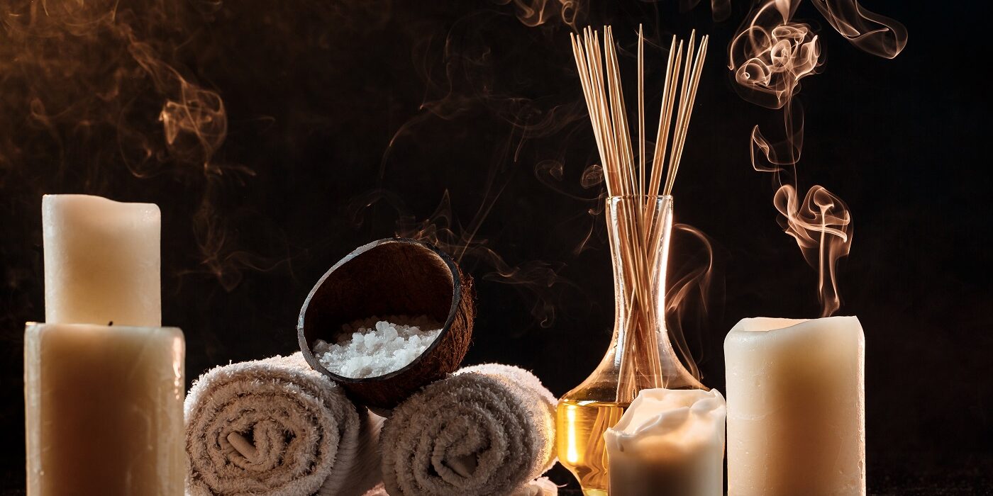 Spa treatment over dark background. Set of spa treatment over dark background. Copy space.